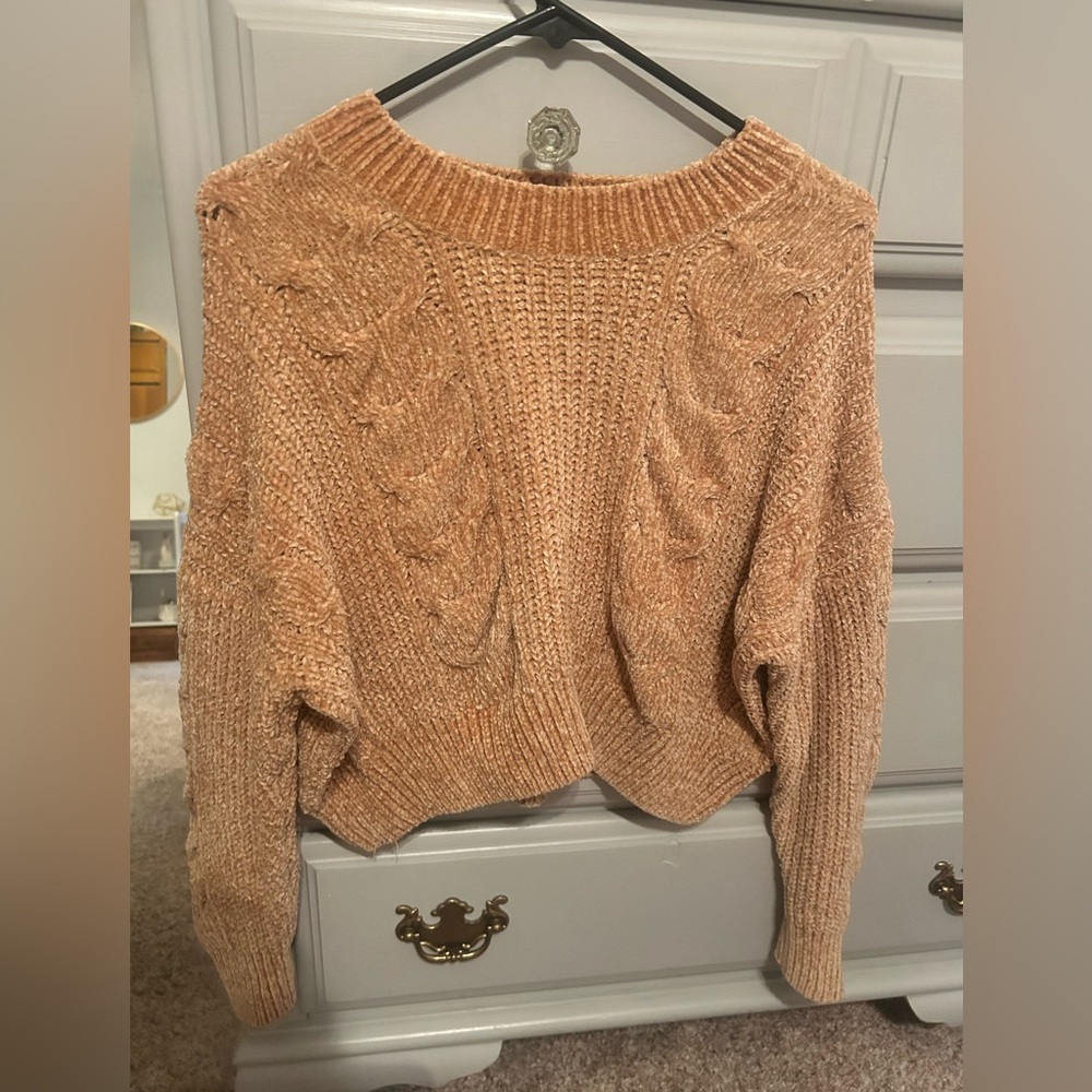 Cocovive mock neck tan cropped sweater- velvet like material